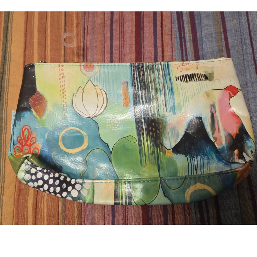 Papaya Art Small Accessory Pouch Mixed Media Floral Abstract Makeup Bag Teal